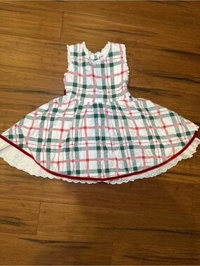 cheeky plum Girls Linen & Cotton Heirloom Christmas Plaid Dress with Lace Trim